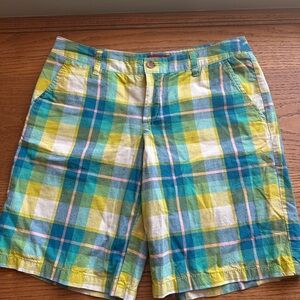 Madras Bermuda Shorts soft cotton with pockets. Blue, white, pale green accent.